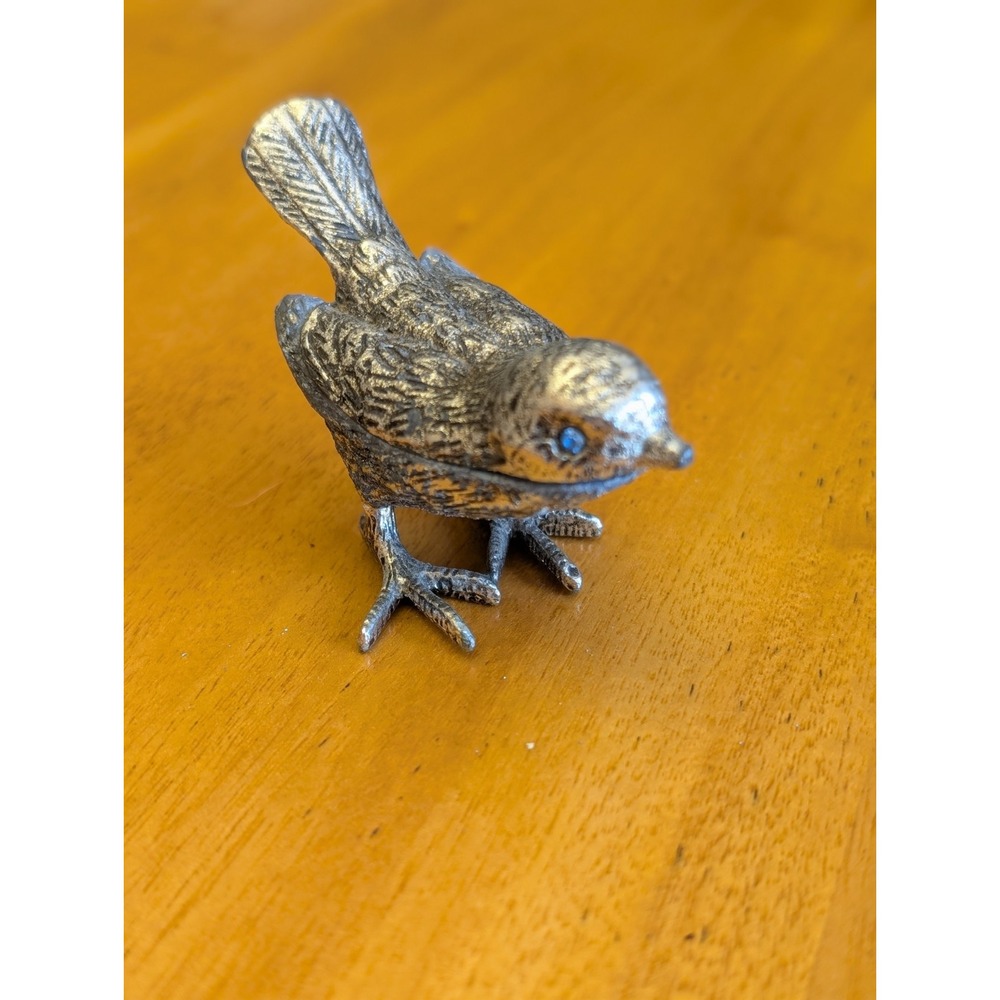 MCM Vintage FLORENZA Silver Cast Metal Blue Rhinestone Eyed Bird Trinket Box 3"